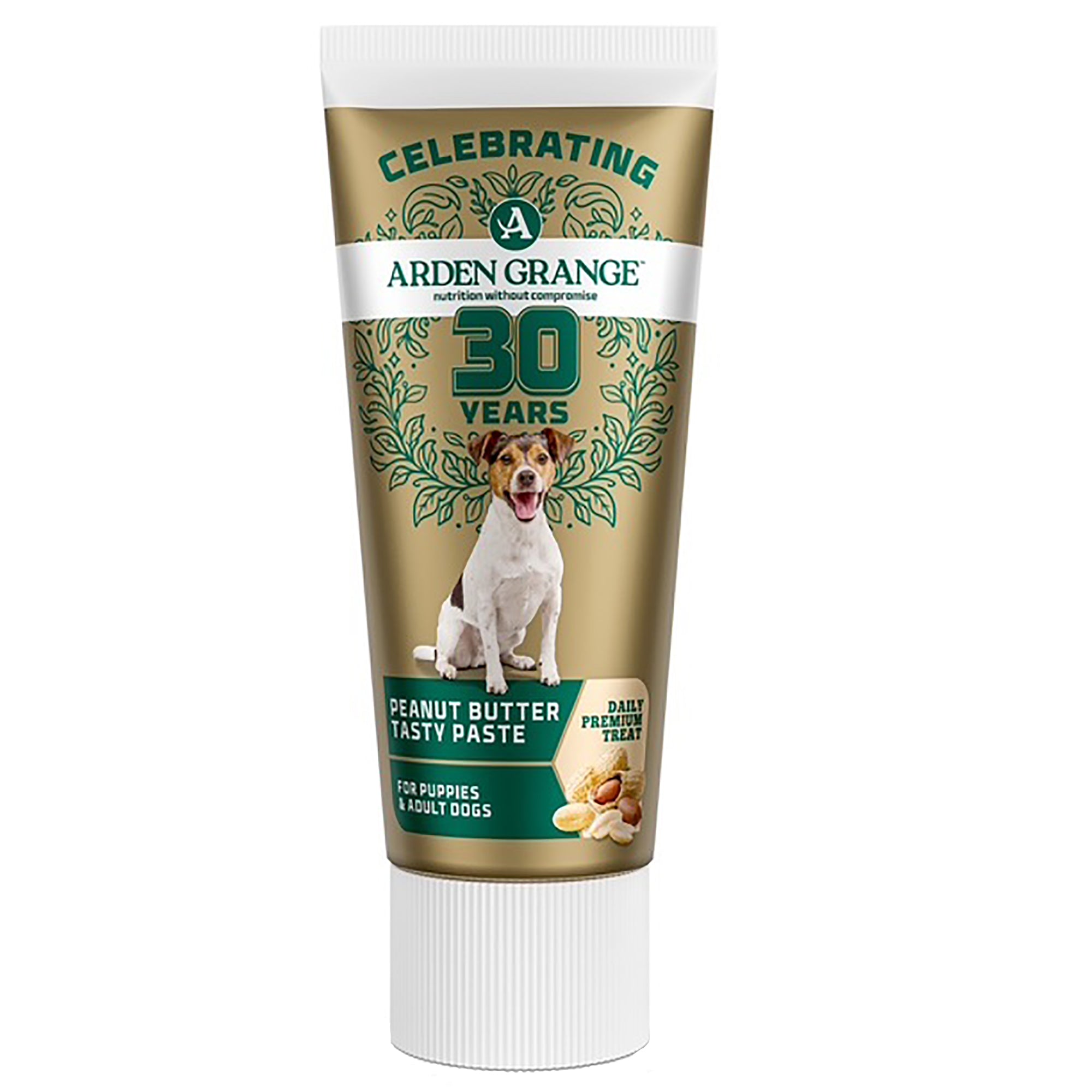 Arden Grange peanut butter paste for dogs on a white background