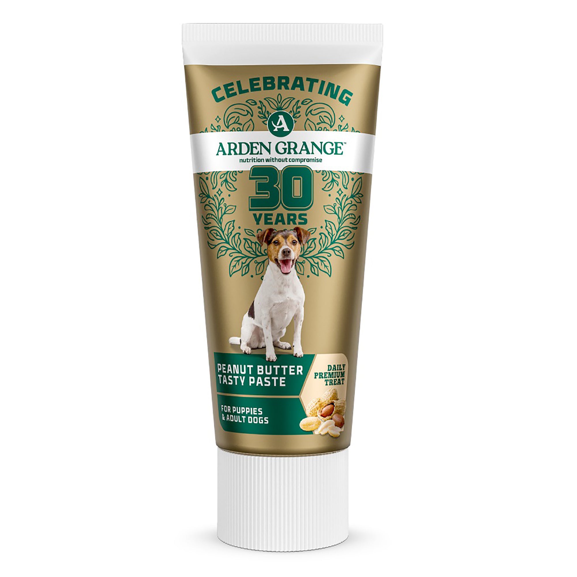 A tube of Arden Grange Celebrating 30 Years Peanut Butter Paste dog dental treat, featuring a brown and green label with a dog illustration, on a white background.