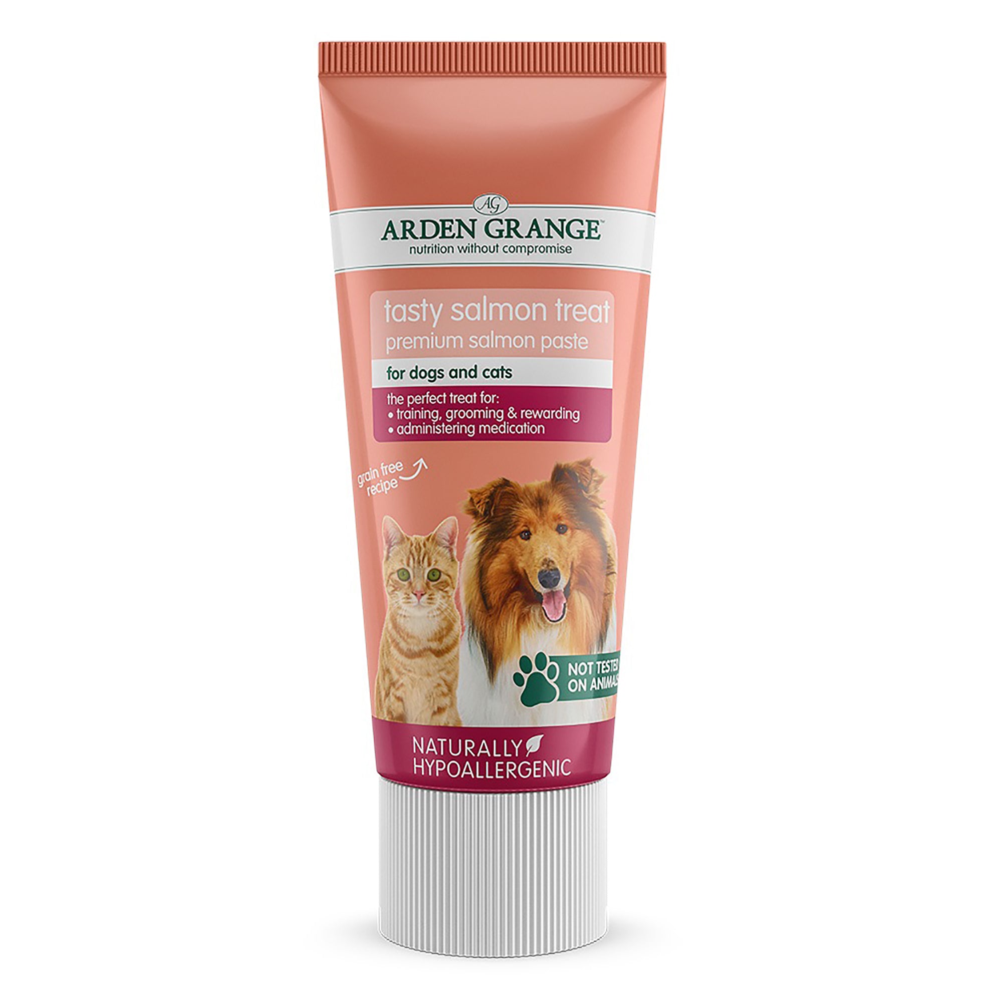 A tube of Arden Grange Tasty Salmon Treat premium salmon paste dog and cat treats, featuring a salmon-pink and white design with illustrations of a cat and a dog, on a white background.