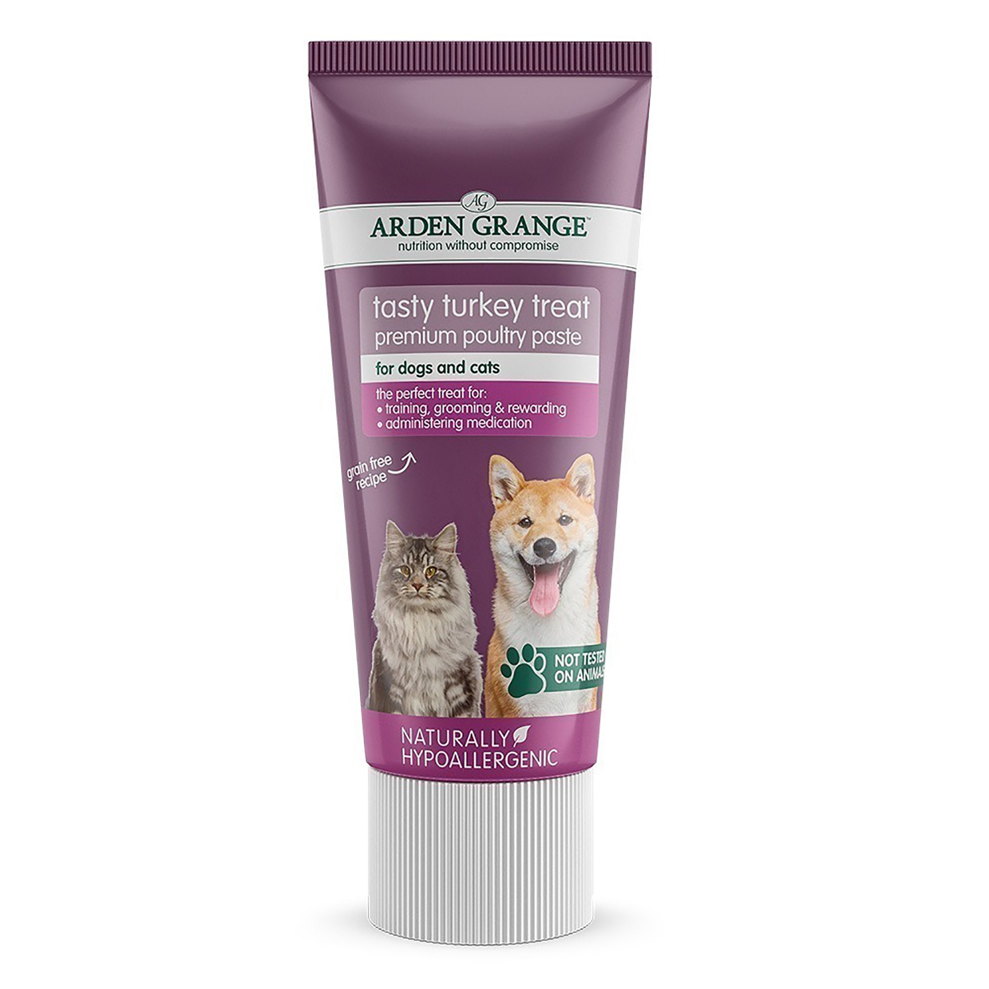 Arden Grange pet treat packaging with images of a dog and cat on a white background