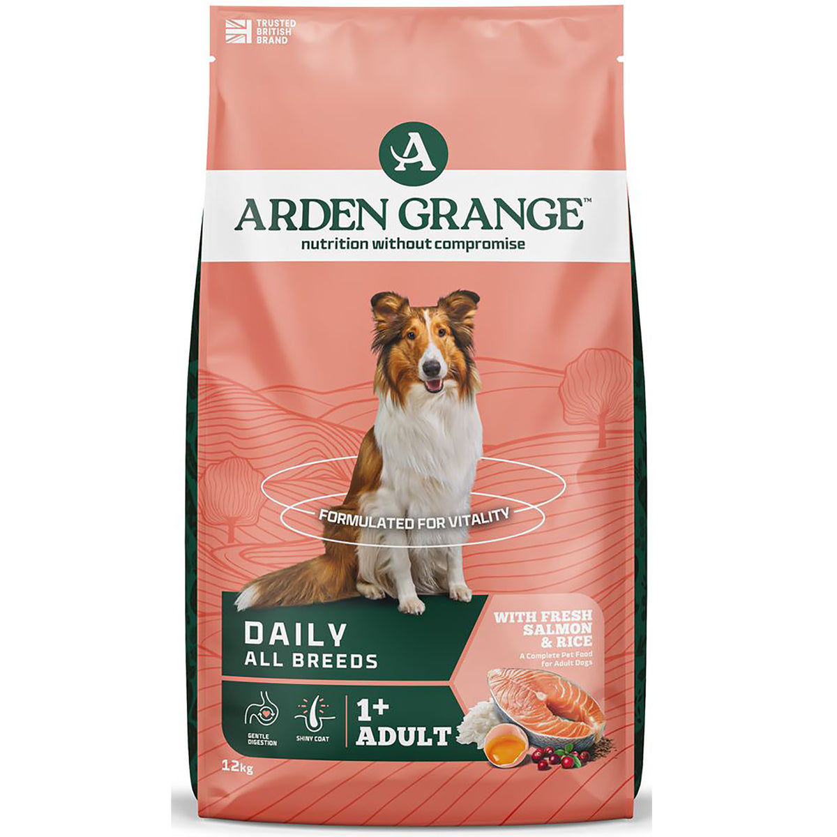 Arden Grange Adult dog food with fresh salmon and rice, 12kg bag with rough collie on the packaging