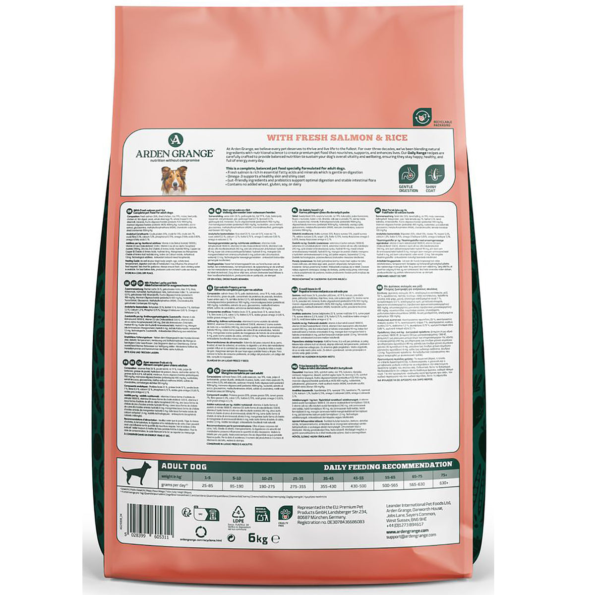 Reverse of Arden Grange Adult fresh salmon and rice 6kg bag showing product information, daily feeding recommendation and best before details