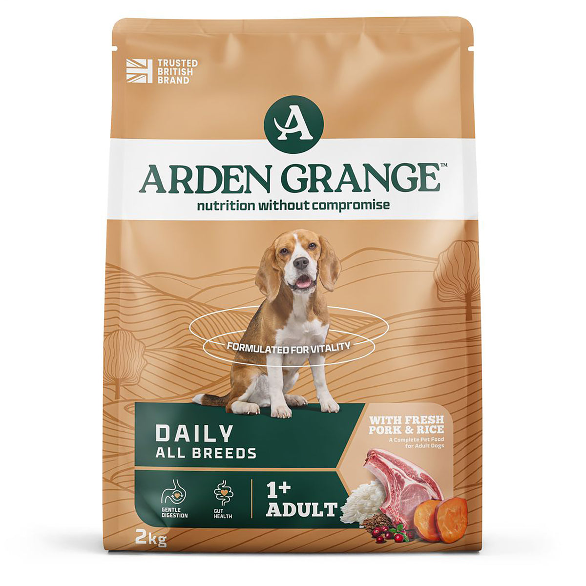 Arden Grange Adult dog food with fresh pork and rice, 2kg bag with beagle on the packaging