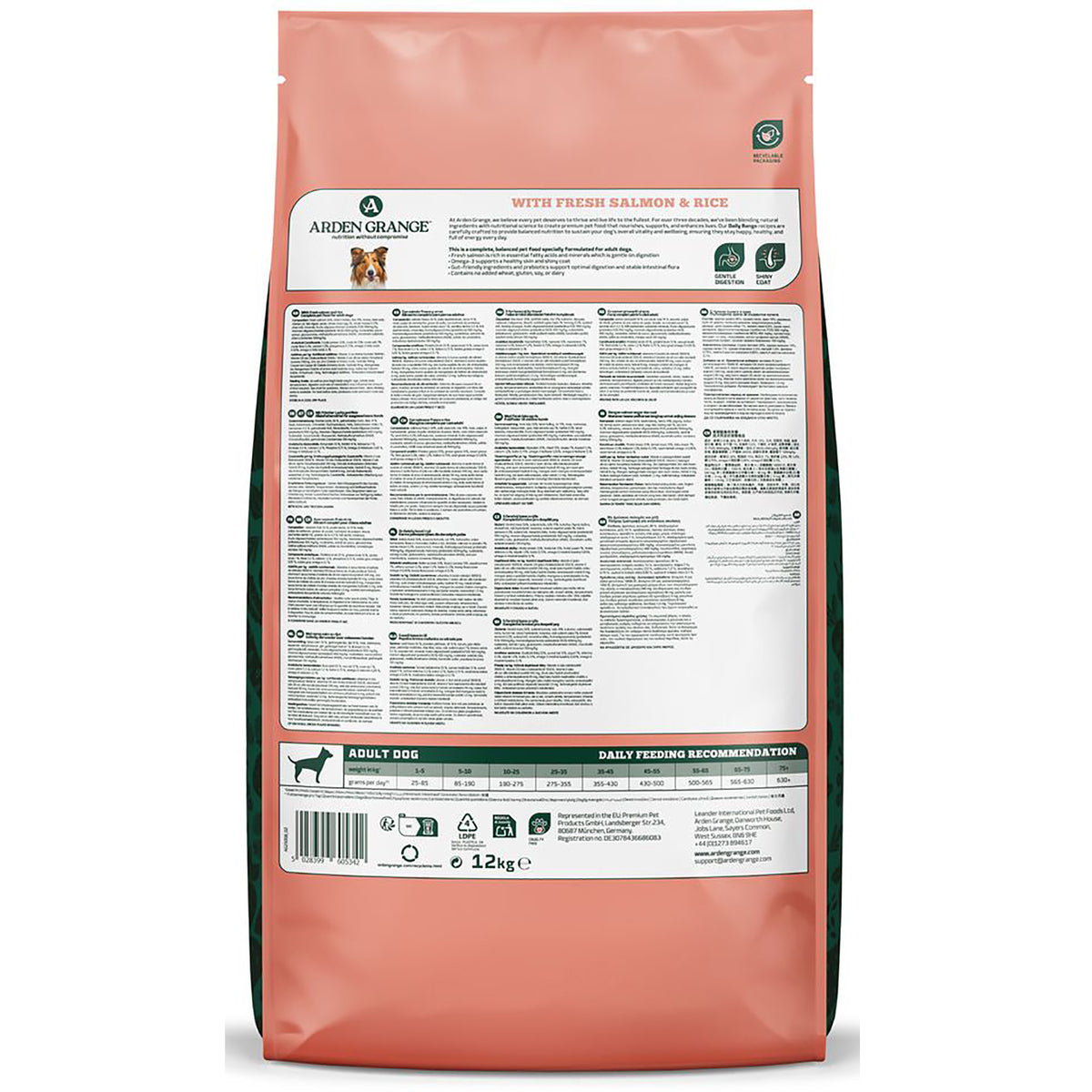 Reverse of Arden Grange Adult fresh salmon and rice 12kg bag showing product information, daily feeding recommendation and best before details