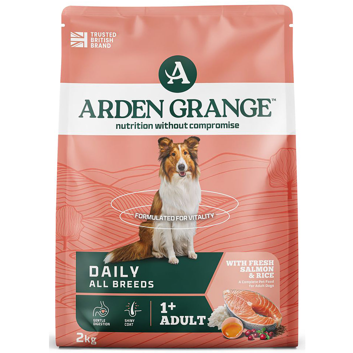 Arden Grange Adult dog food with fresh salmon and rice, 2kg bag with rough collie on the packaging