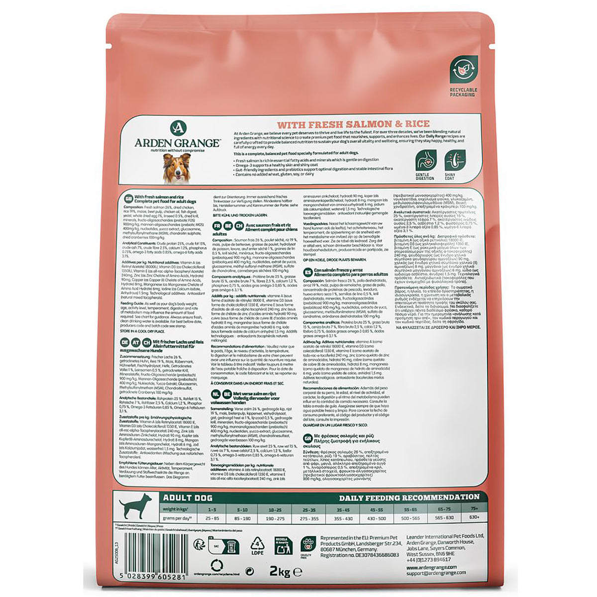 Reverse of Arden Grange Adult fresh salmon and rice 2kg bag showing product information, daily feeding recommendation and best before details