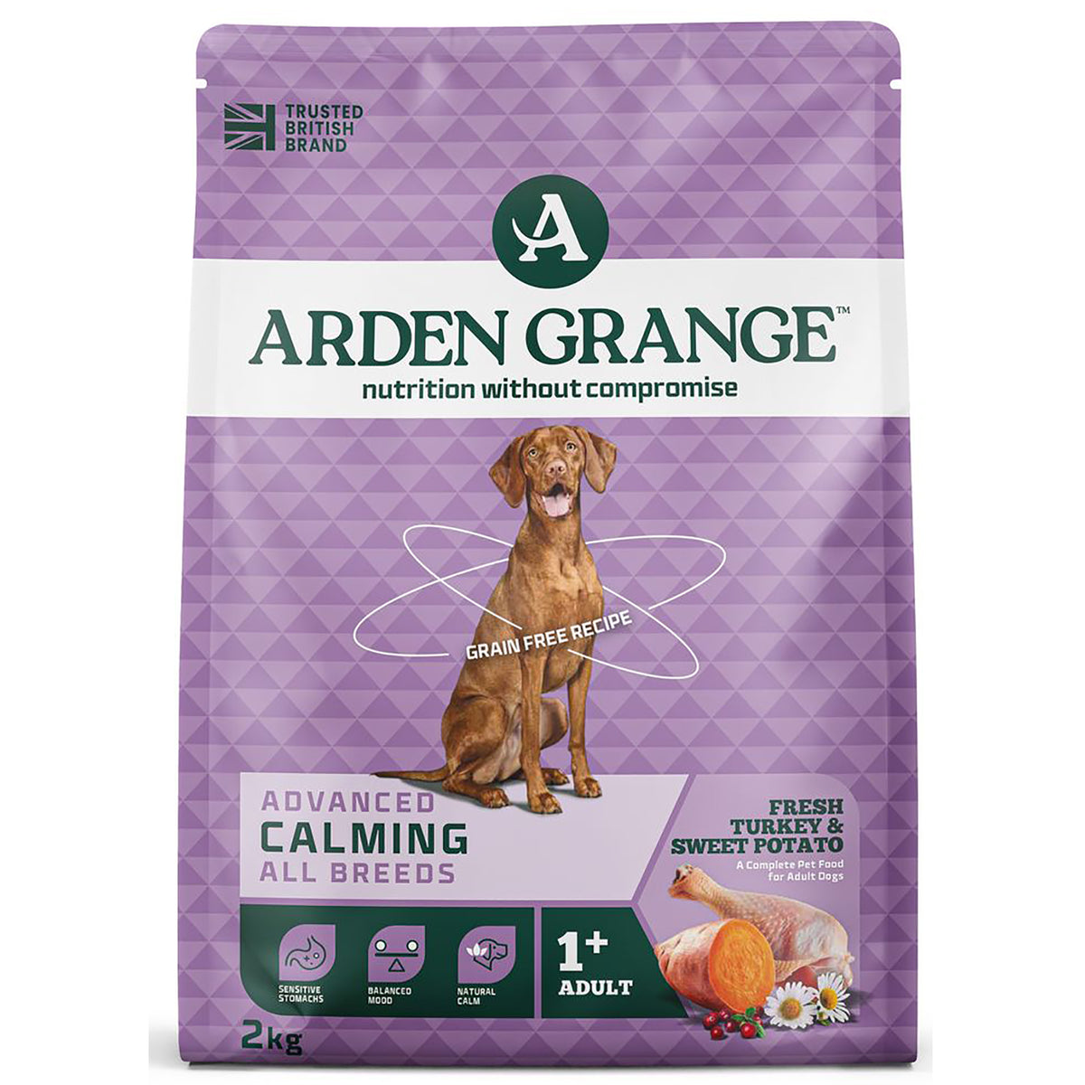 Arden Grange Calming Adult dry dog food with fresh turkey and sweet potato, 2kg bag, front