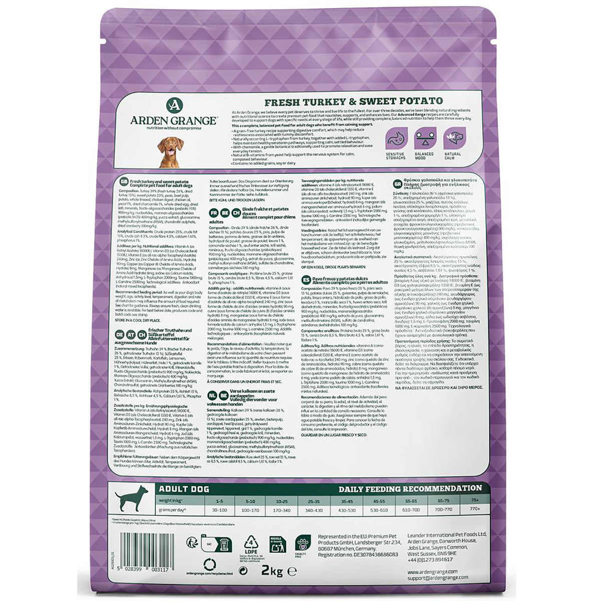 Back of Arden Grange Calming Adult 2kg bag showing feeding guide and ingredients