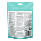 Back view of a teal stand-up pouch package for Arden Grange Light Crunchy dog treats, showing detailed ingredient and instruction text on a white panel with a barcode and weight of 225g.