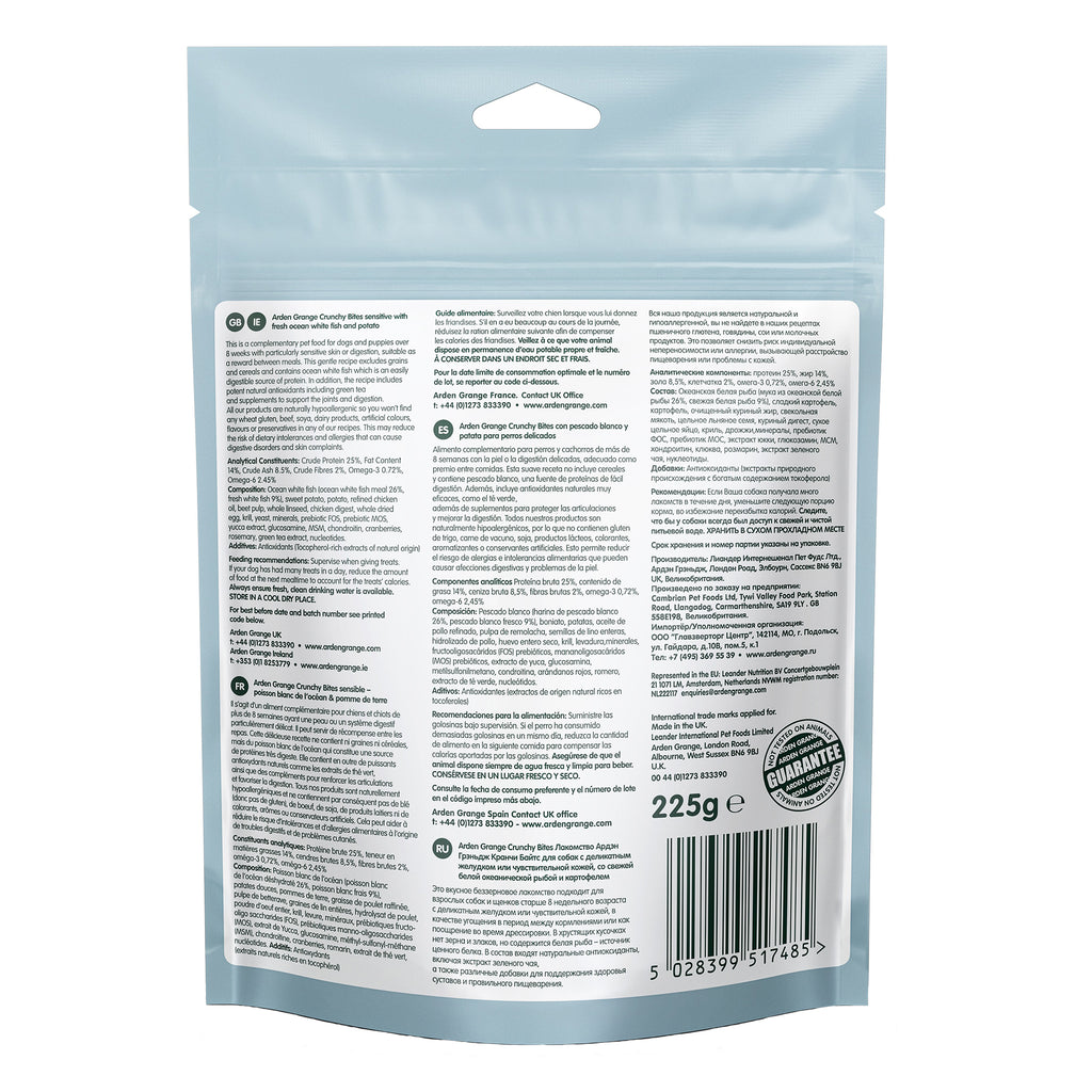 Back view of a light blue stand-up pouch package with a large white information panel, barcode, and guarantee seal on a plain white background.