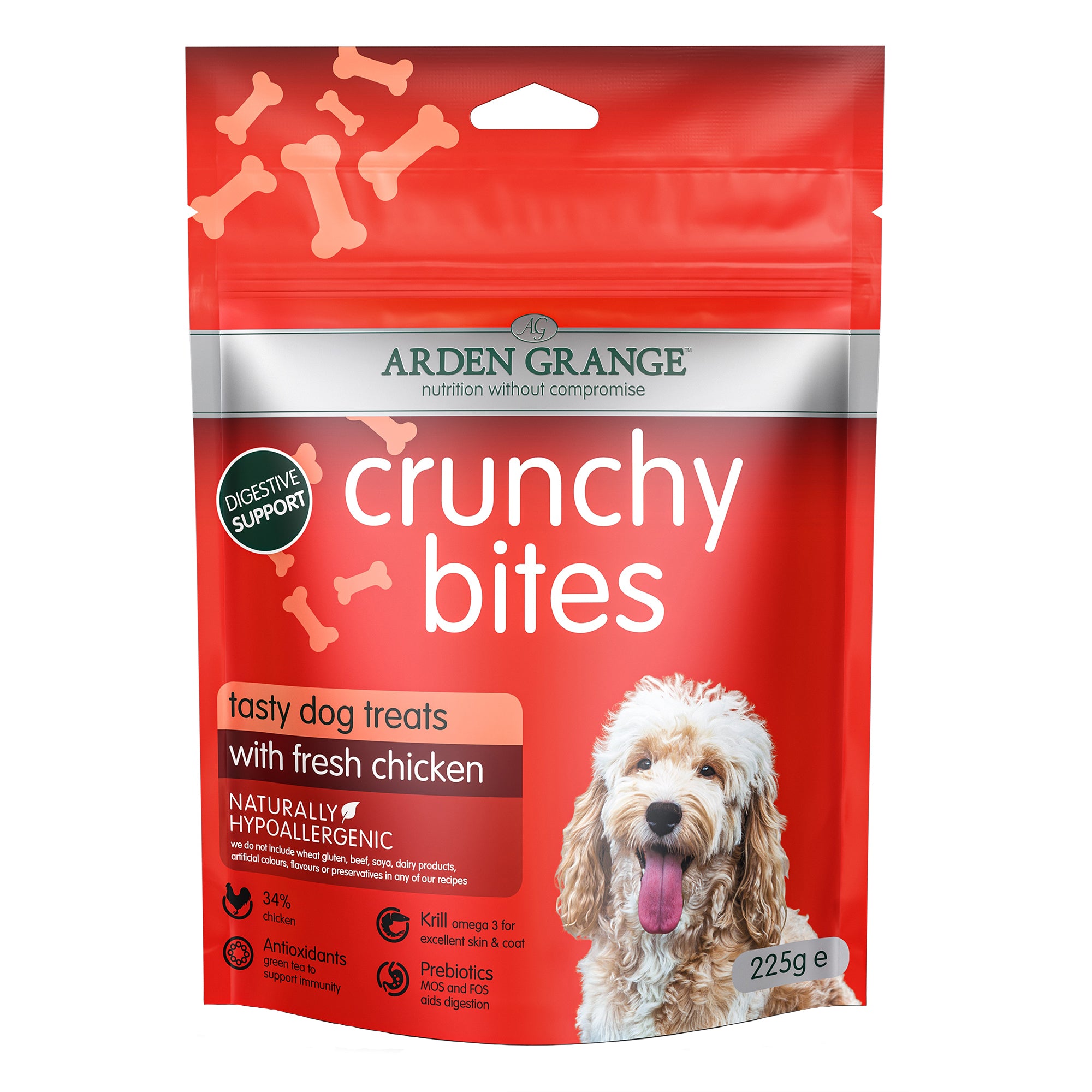 A red stand-up pouch of Arden Grange Crunchy Bites dog treats with a photo of a fluffy light-colored dog on the front. The package highlights 'tasty dog treats with fresh chicken' and shows product details like 'Naturally Hypoallergenic' and 'Digestive Support'.