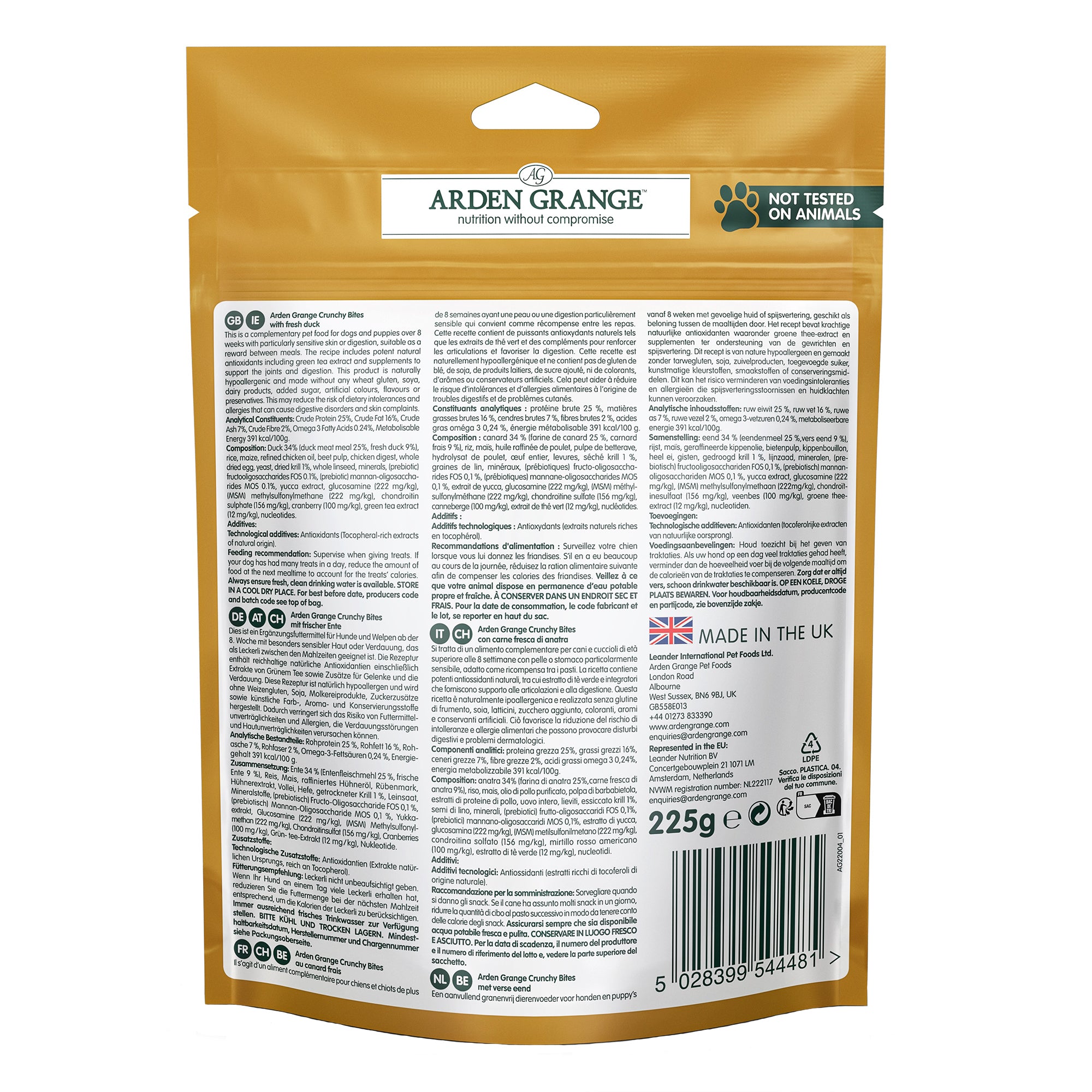 Back of a Arden Grange crunchy duck dog treats pet food pouch in a metallic gold color, showing detailed product information, ingredients, and a barcode on a white background.