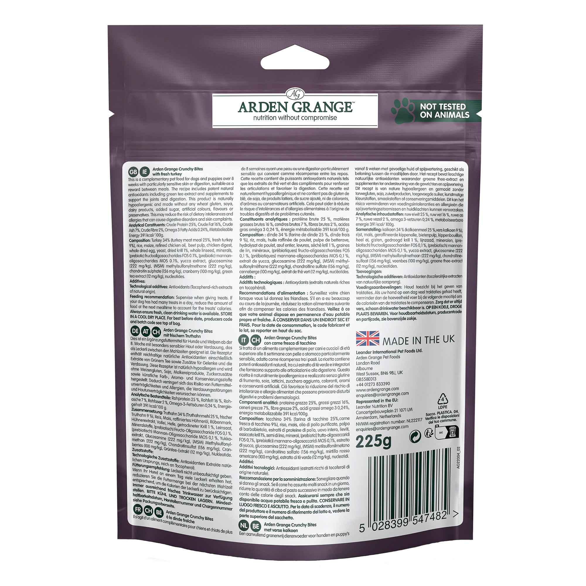 Back of a 225g pouch of Arden Grange crunchy bites turkey Nutritian Without Compromise dog food, featuring extensive text, a barcode, and a green 'Not Tested on Animals' badge on a white background. 