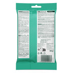The back of a green resealable pouch package, showing printed product information, ingredients, nutrition facts, a barcode, and a hanging hole near the top, on a white background.