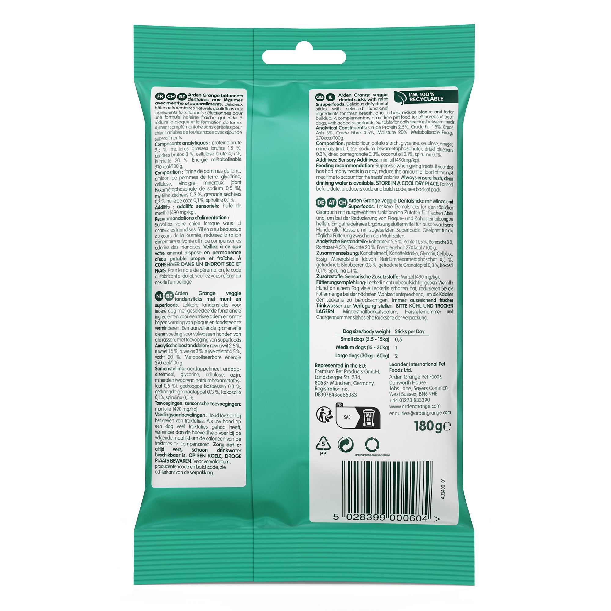 The back of a green resealable pouch package, showing printed product information, ingredients, nutrition facts, a barcode, and a hanging hole near the top, on a white background.