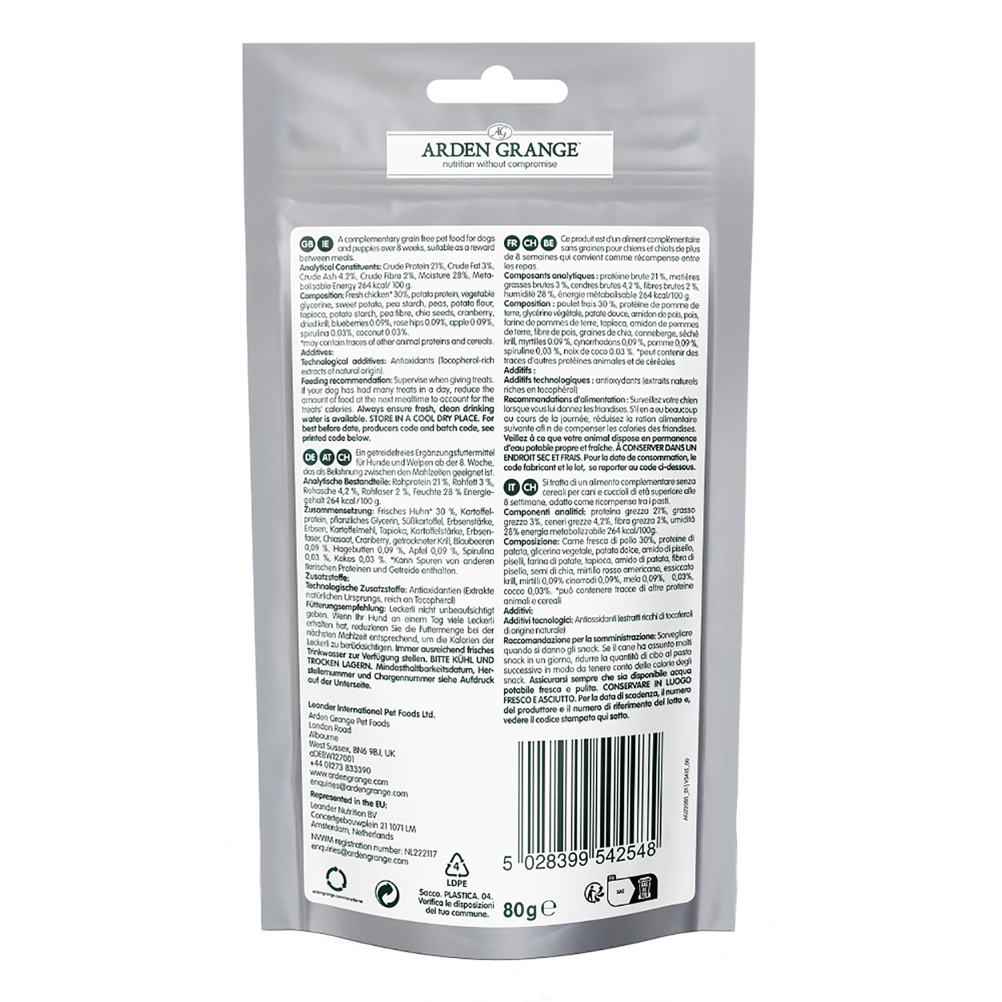 Back view of Arden Grange pet food packaging with text and barcode on a white background