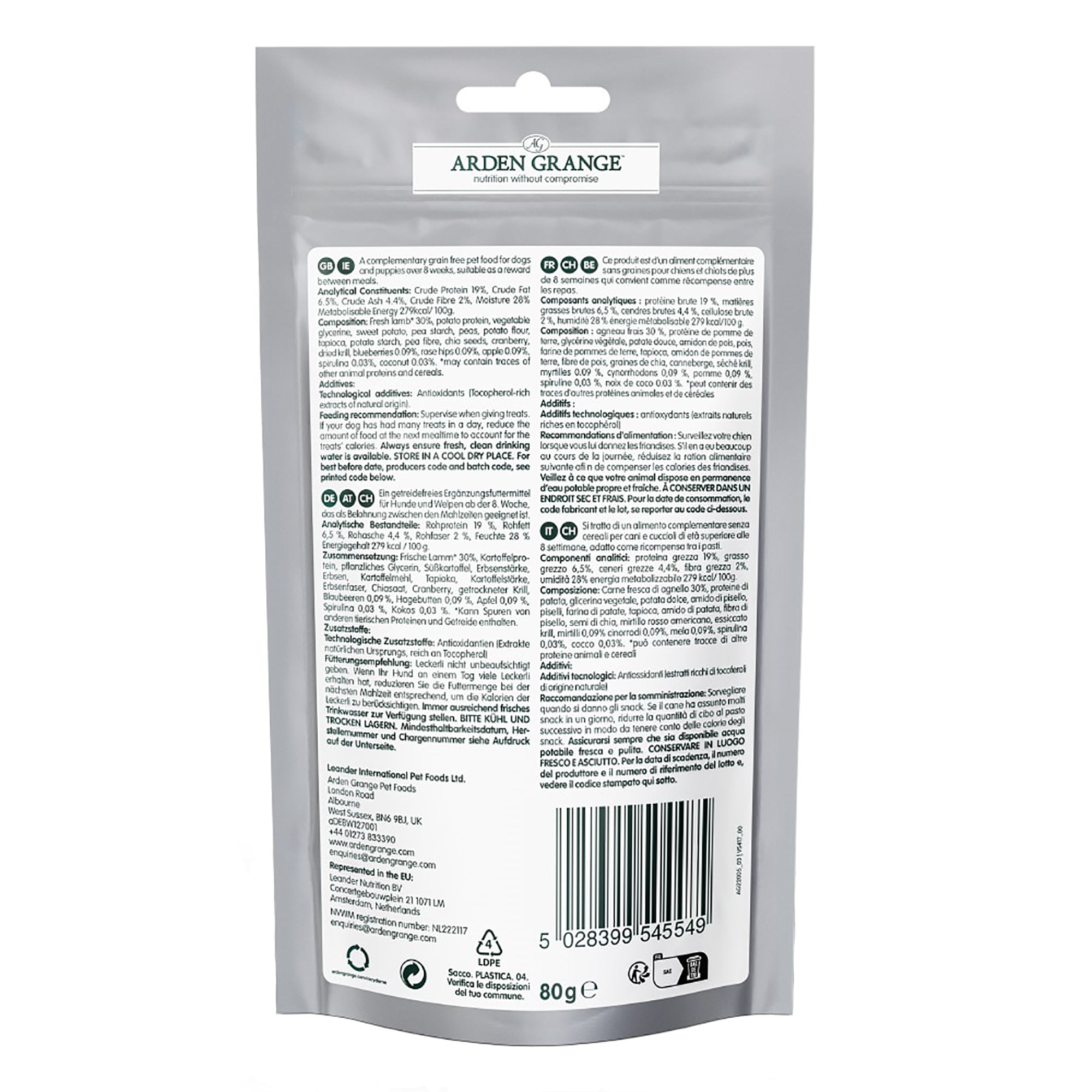 Back view of a product packaging with text and Arden Grange branding on a white background