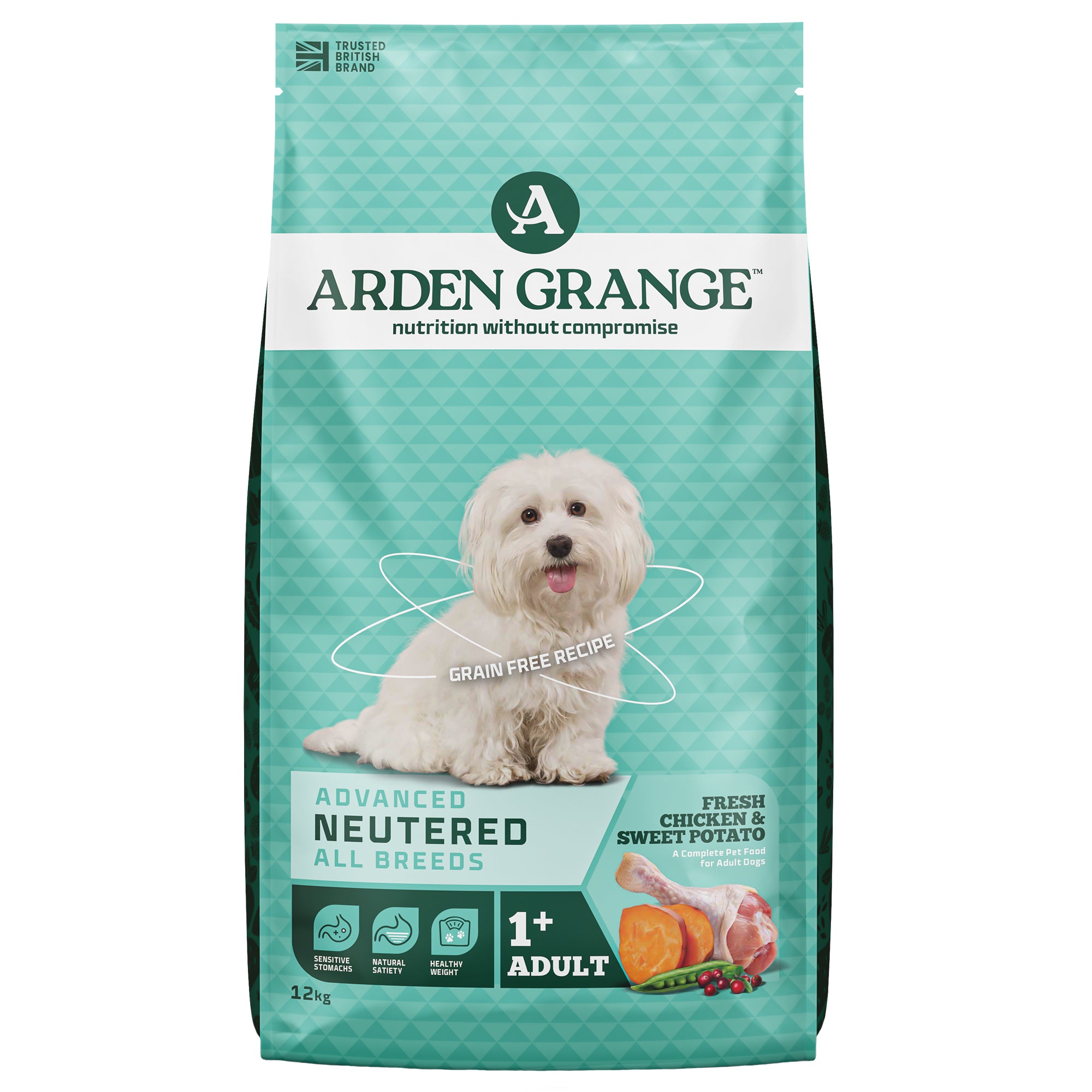 Arden Grange dog food package for neutered dogs on a white background