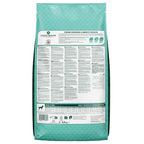 Teal bag of dog food with a detailed label on a white background