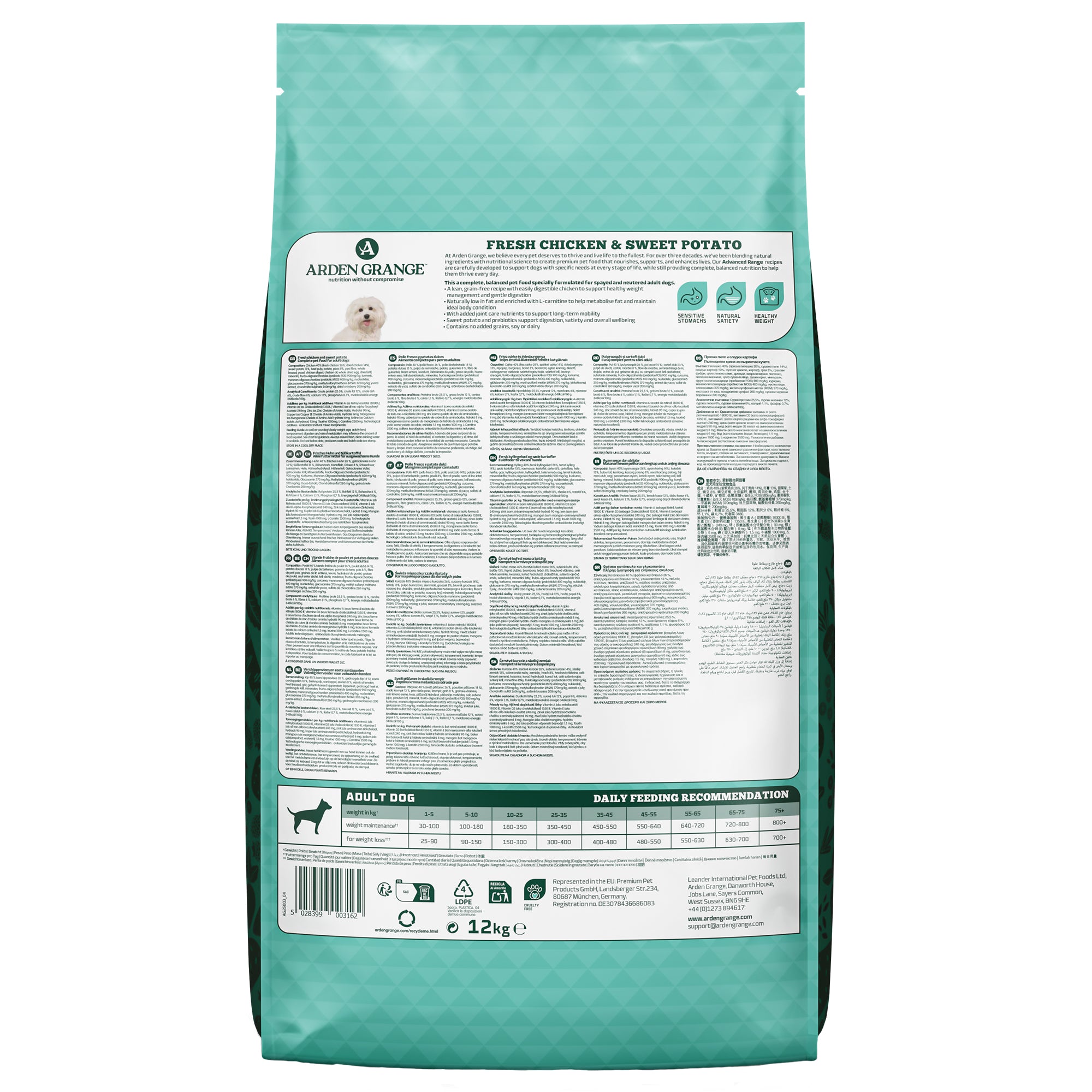 Teal bag of dog food with a detailed label on a white background