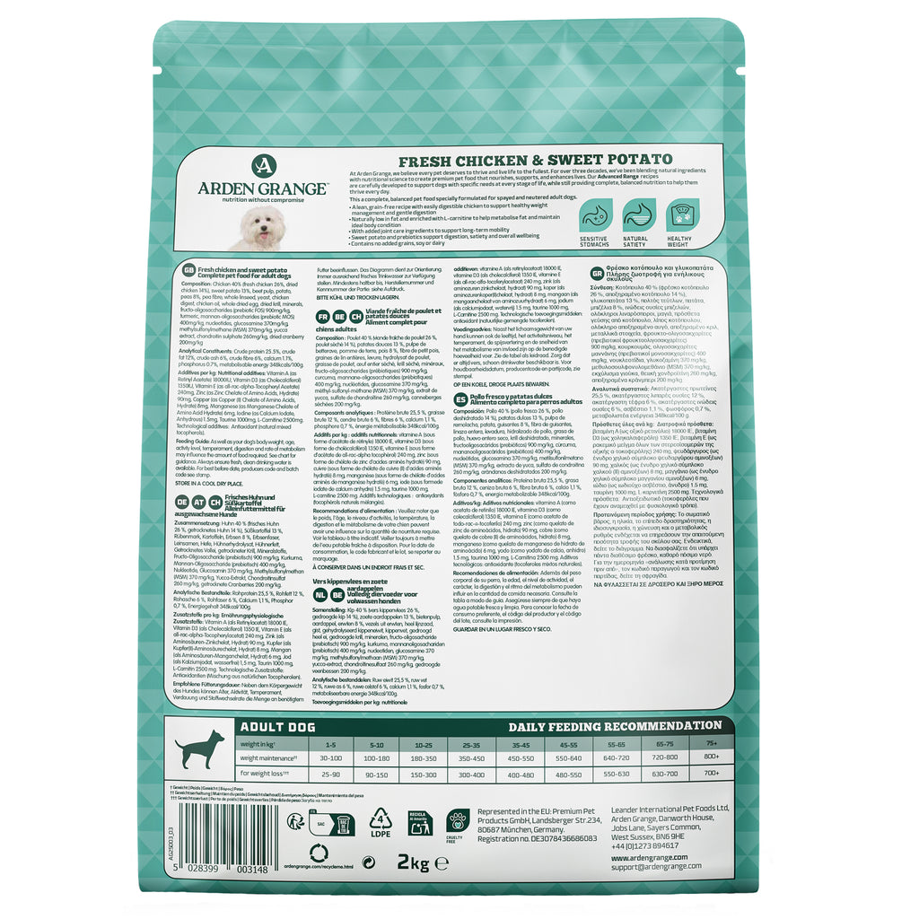 Back view of Arden Grange dog food packaging with text and branding.