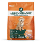 Arden Grange Daily Senior 7+ dry dog food with fresh chicken and rice, 2kg bag, front" — accurate; the bag is indeed the Daily All Breeds 7+ Senior with Fresh Chicken & Rice packaging