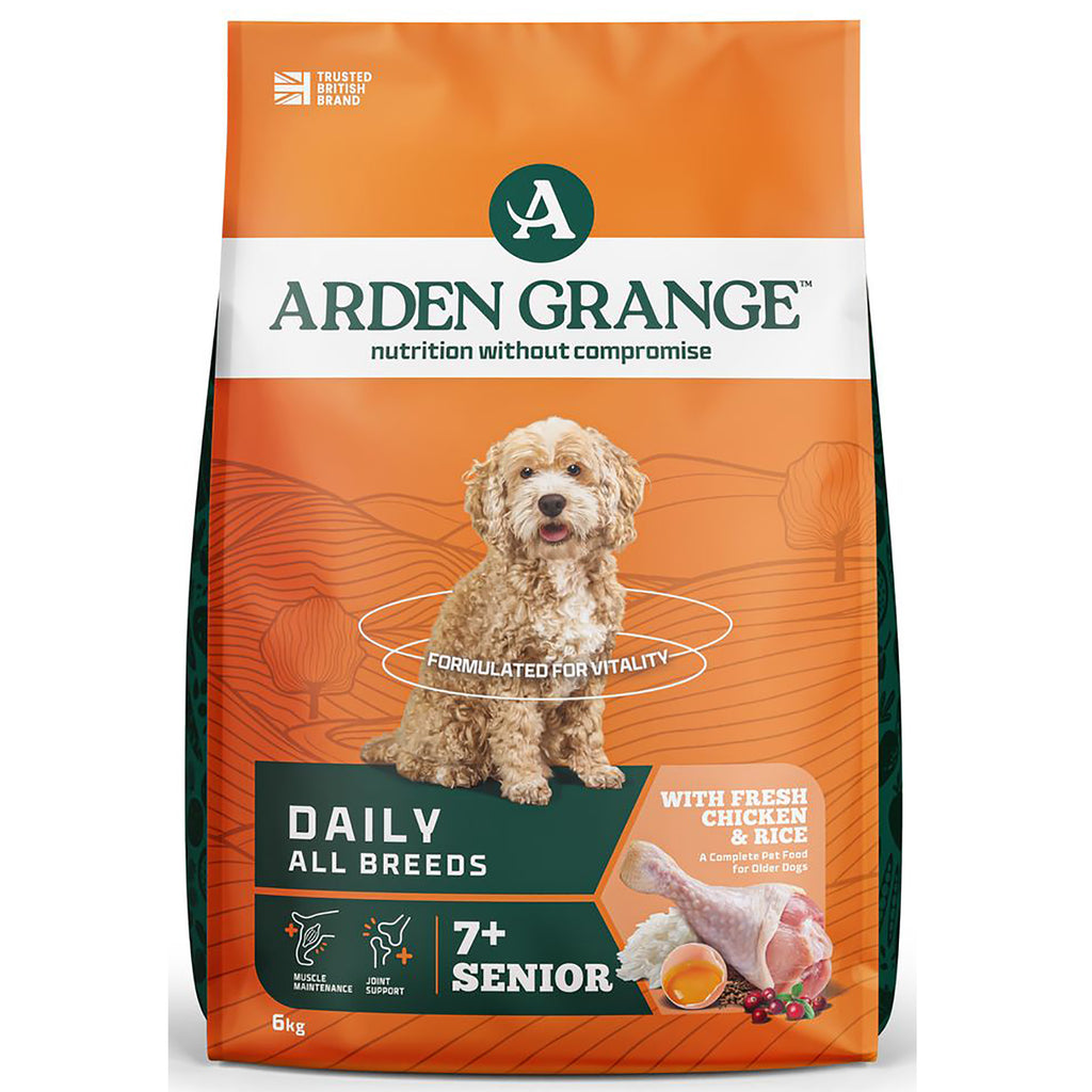 Arden Grange Daily All Breeds 7+ Senior dry dog food with fresh chicken and rice, orange 6kg bag with cockapoo