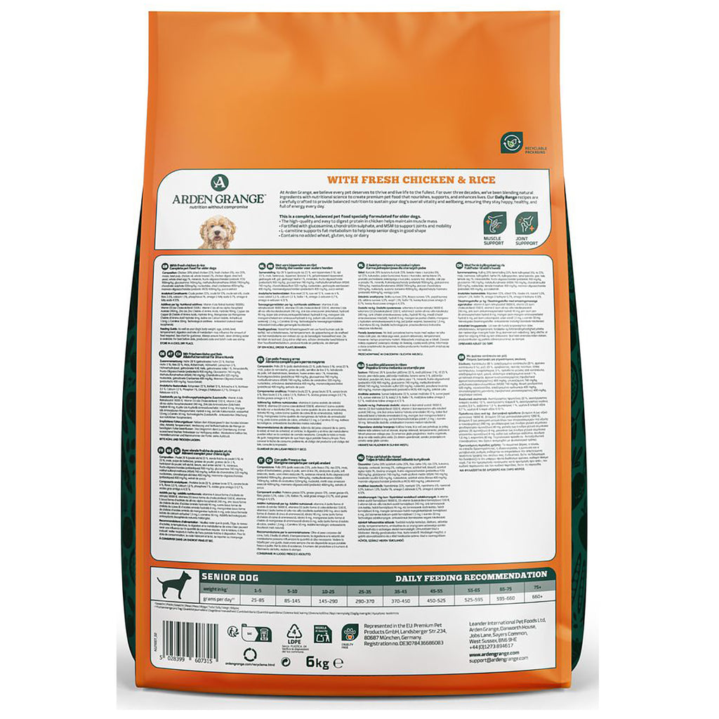 Reverse of Arden Grange Senior with fresh chicken and rice 6kg dog food bag showing full ingredients list and daily feeding guide