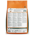 Reverse of Arden Grange Senior with fresh chicken and rice 6kg dog food bag showing full ingredients list and daily feeding guide