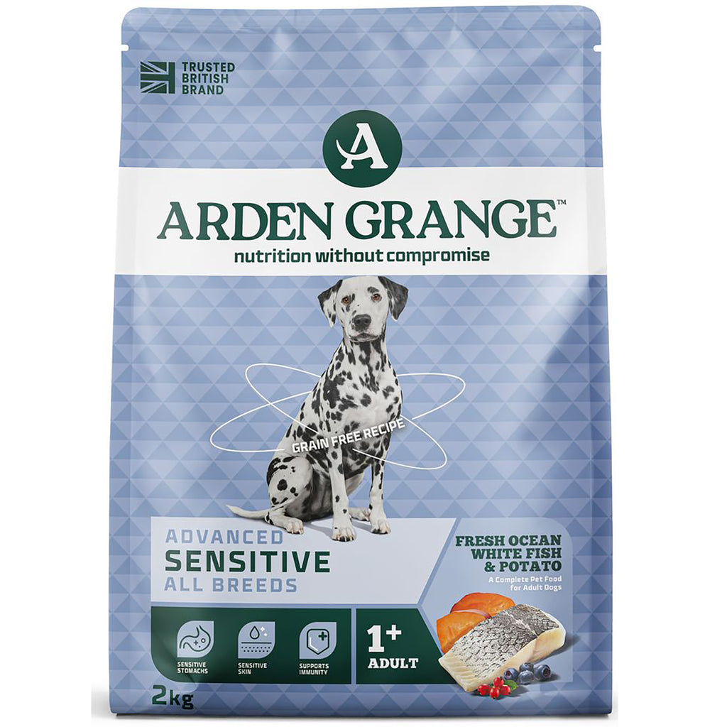 Arden Grange Sensitive grain free adult dog food with fresh ocean white fish and potato, 2kg bag with dalmatian