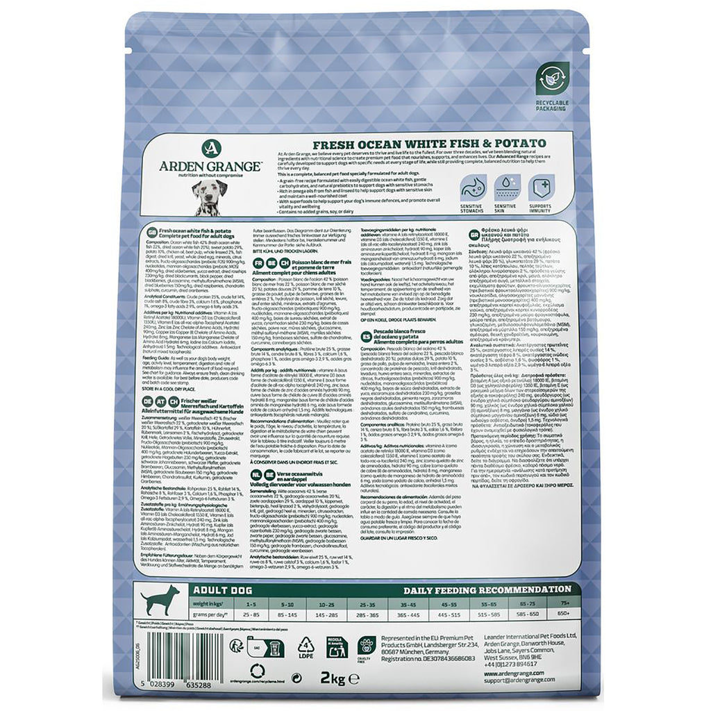 Reverse of Arden Grange Sensitive adult fish and potato 2kg bag showing ingredients and daily feeding recommendation