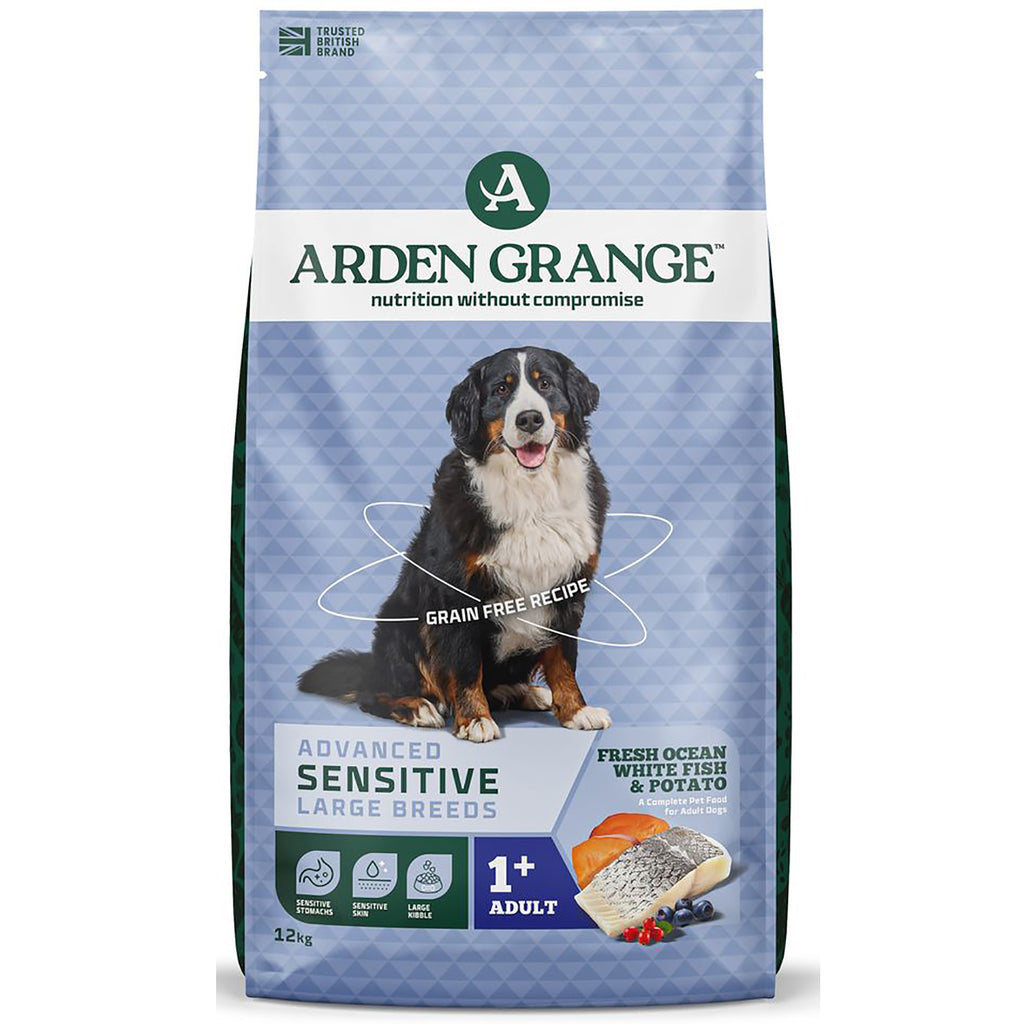 Arden Grange Sensitive Adult Large Breed grain free dog food with fresh ocean white fish and potato, 12kg bag with Bernese mountain dog