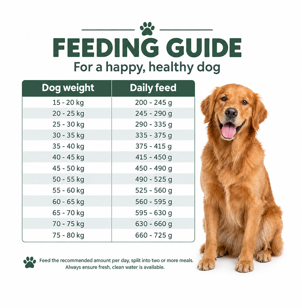 Feeding guide for Arden Grange Sensitive Adult Large Breed grain free fish and potato dog food showing daily feed by dog weight, with golden retriever