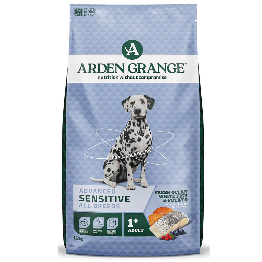 Arden Grange Sensitive grain free adult dog food with fresh ocean white fish and potato, 12kg bag with dalmatian