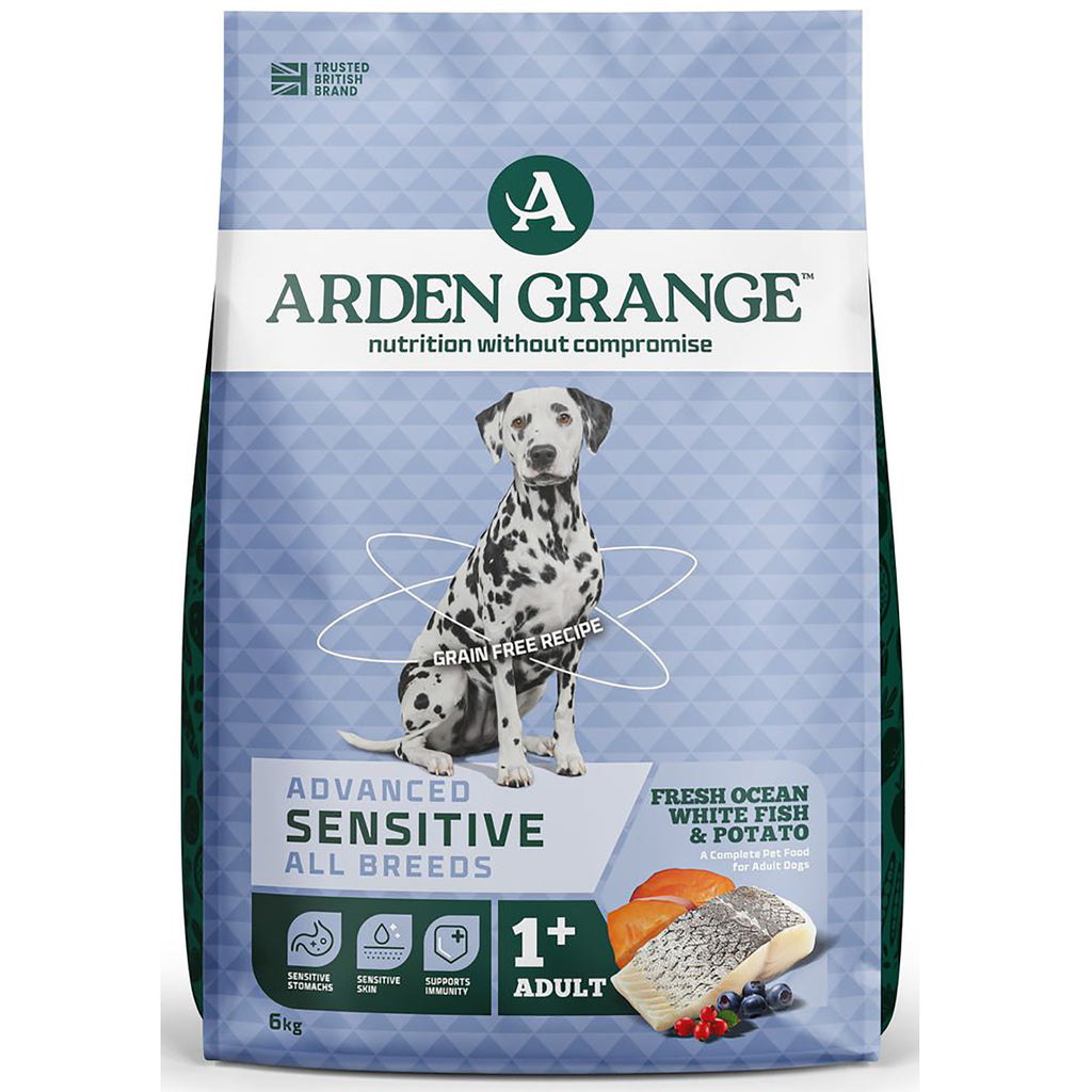 Arden Grange Sensitive grain free adult dog food with fresh ocean white fish and potato, 6kg bag with dalmatian