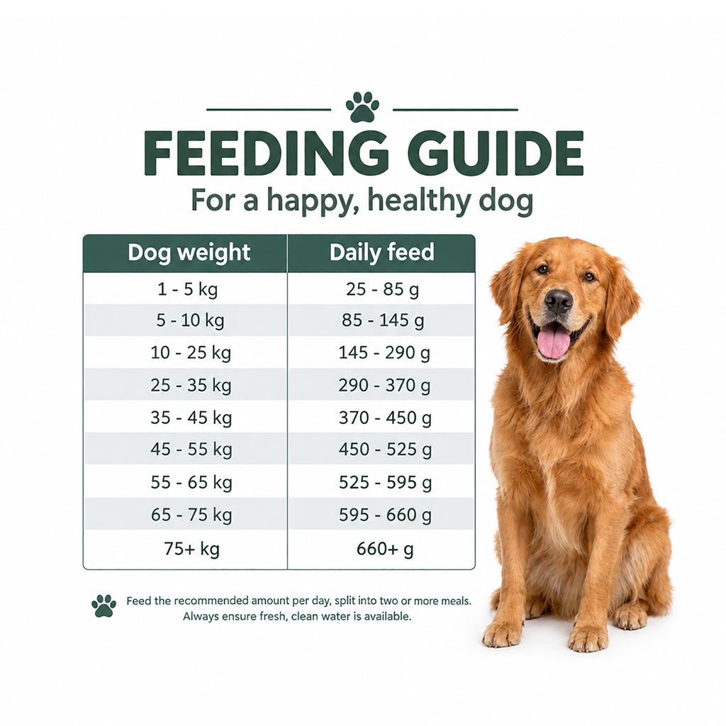 Feeding guide for Arden Grange Sensitive Adult grain free fish and potato dog food showing daily feed by dog weight, with golden retriever