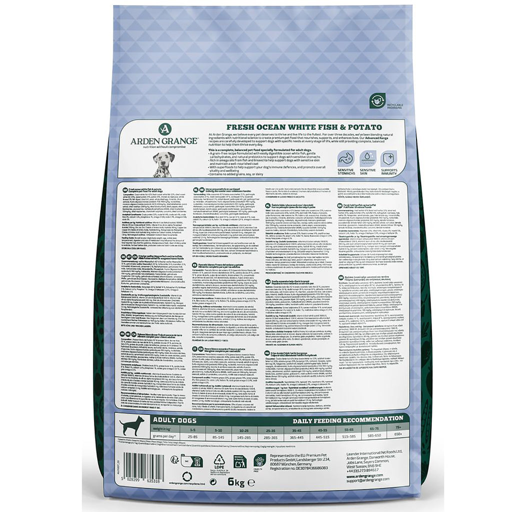 Reverse of Arden Grange Sensitive adult fish and potato 6kg bag showing ingredients and daily feeding recommendation
