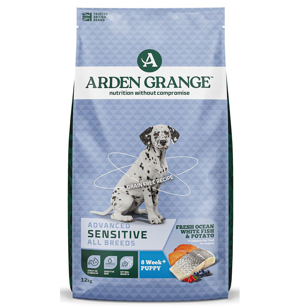 Arden Grange Sensitive Puppy/Junior grain free dog food with fresh ocean white fish and potato, 12kg bag with dalmatian puppy