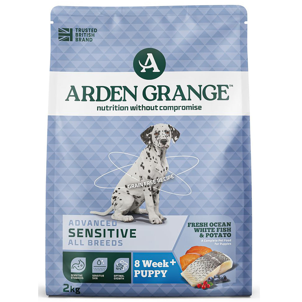 Arden Grange Sensitive Puppy/Junior grain free dog food with fresh ocean white fish and potato, 2kg bag with dalmatian puppy