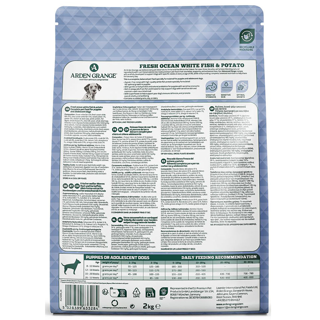 Reverse of Arden Grange Sensitive Puppy/Junior fish and potato 2kg bag showing ingredients and daily feeding recommendation
