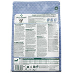 Reverse of Arden Grange Sensitive Puppy/Junior fish and potato 2kg bag showing ingredients and daily feeding recommendation