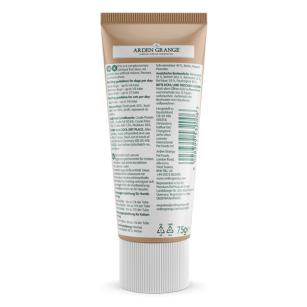 The back of a 75g squeeze tube of Aarden Grange hair care product, showing the detailed text instructions, barcode, and recycling symbols on a clean white background.