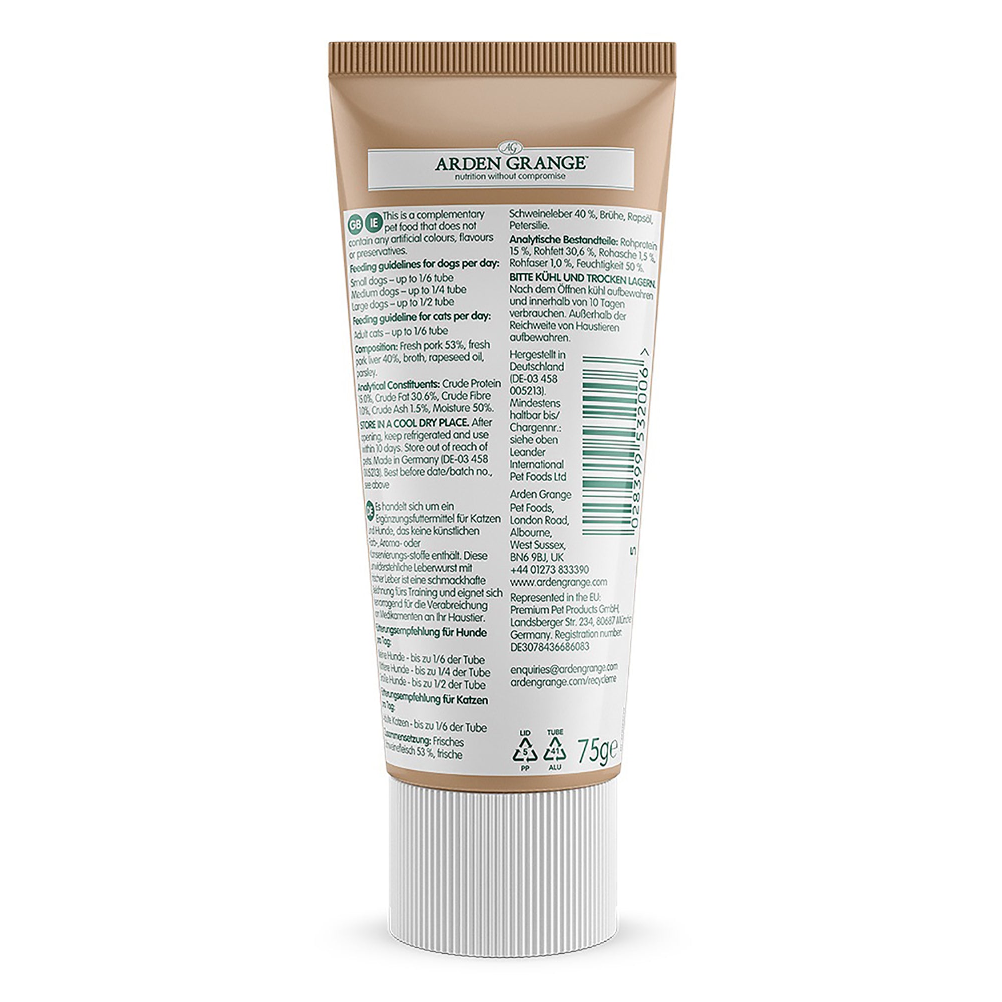 The back of a 75g squeeze tube of Aarden Grange hair care product, showing the detailed text instructions, barcode, and recycling symbols on a clean white background.
