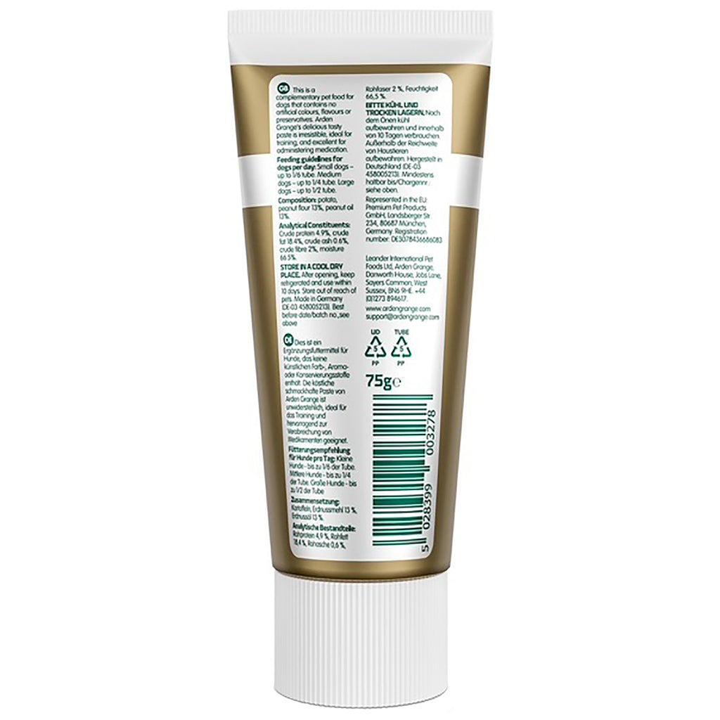 Arden Grange Peanut Butter Treat Paste for Dogs 75g — back of tube showing ingredients and feeding guide