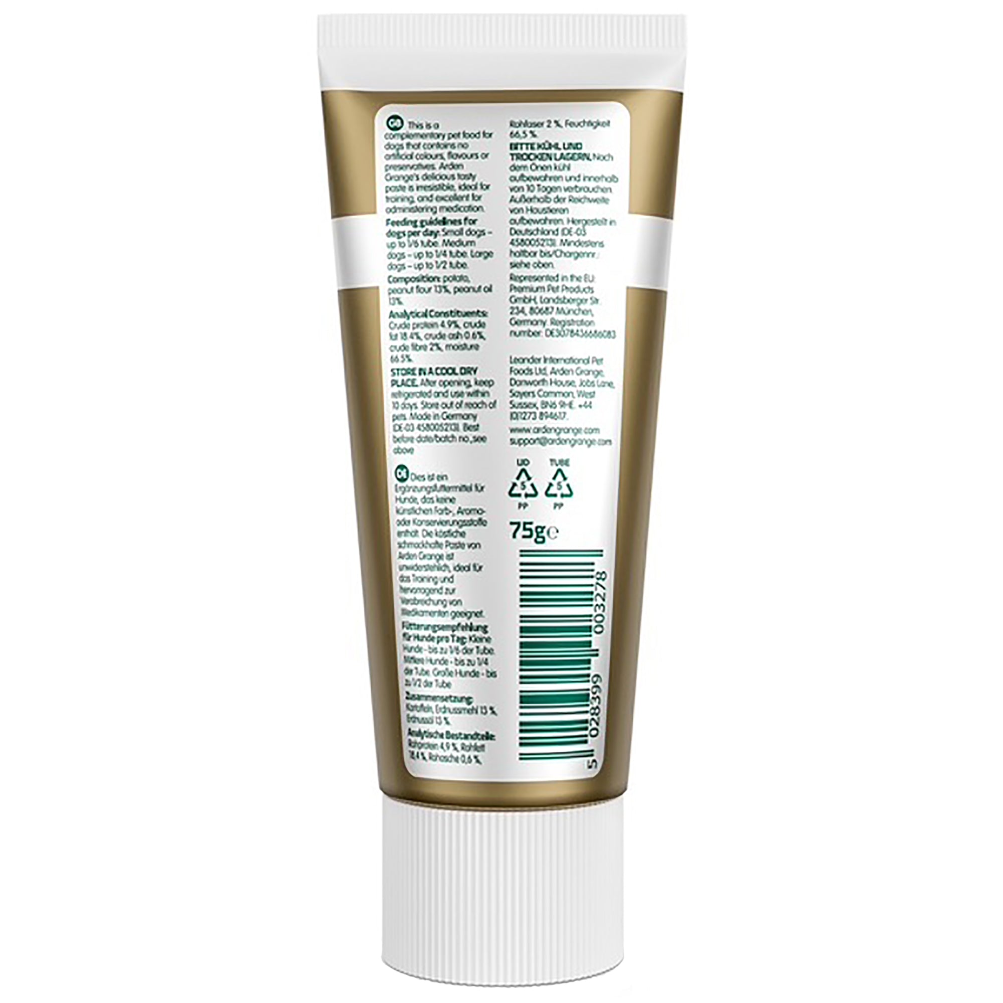 Arden Grange Peanut Butter Treat Paste for Dogs 75g — back of tube showing ingredients.