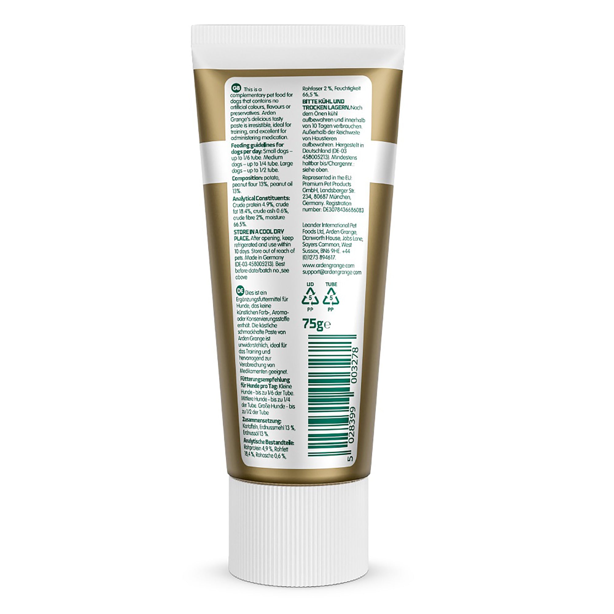 The back of a white squeeze tube with a metallic gold label, showing detailed product information, ingredients, and a barcode on a white background.