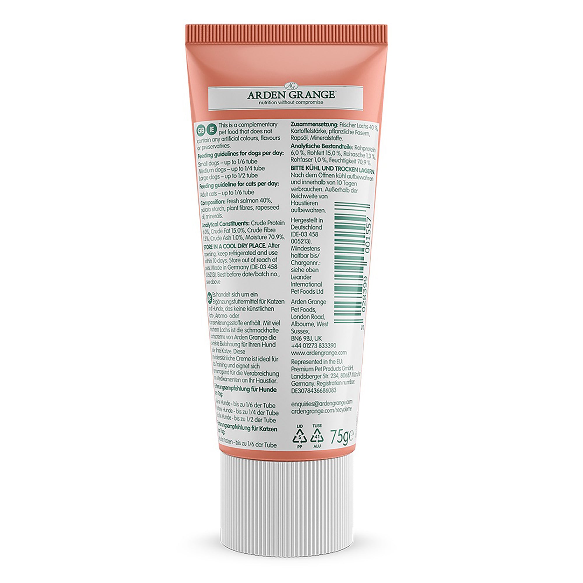 A tube of Aarden Grange hair product shown from the back, featuring a peach-colored upper section, white cap, and a large white label with black text and a barcode.