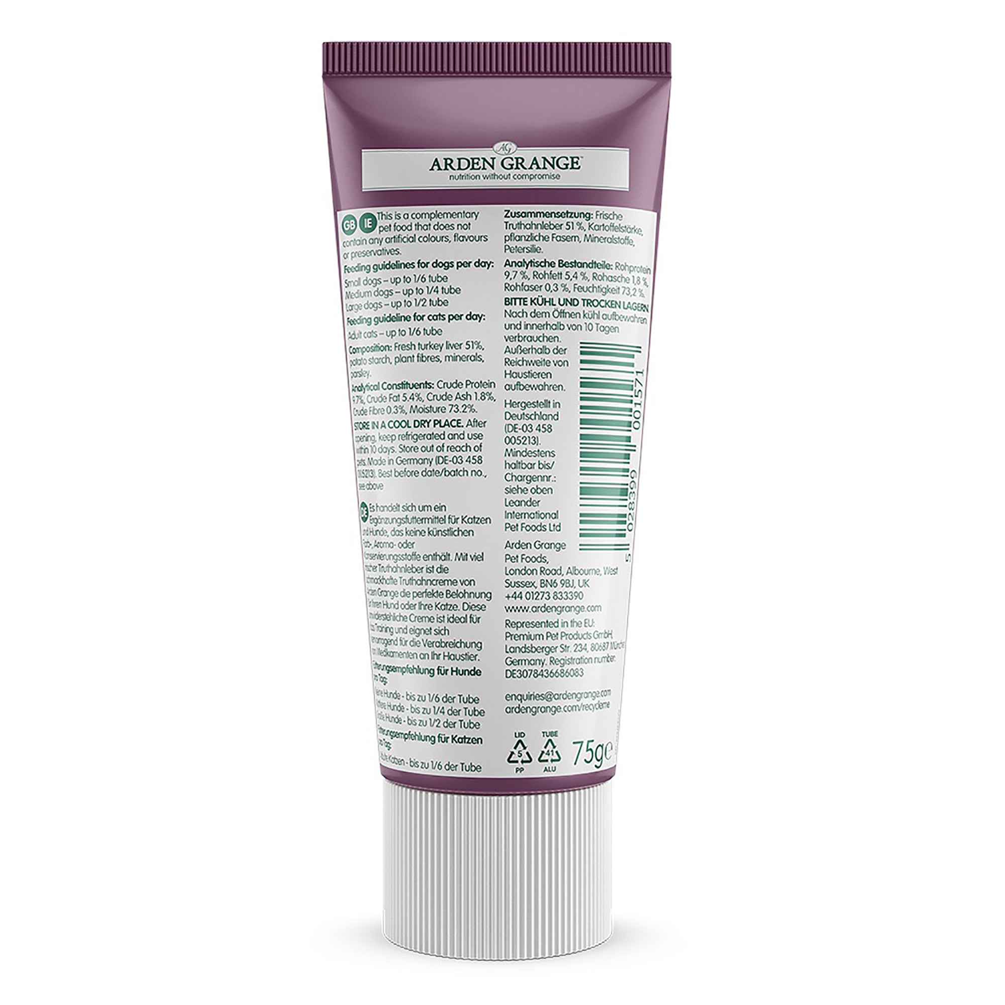 A 75g tube of Arden Grame hair color, showing the back label with ingredients and usage information, on a white background.