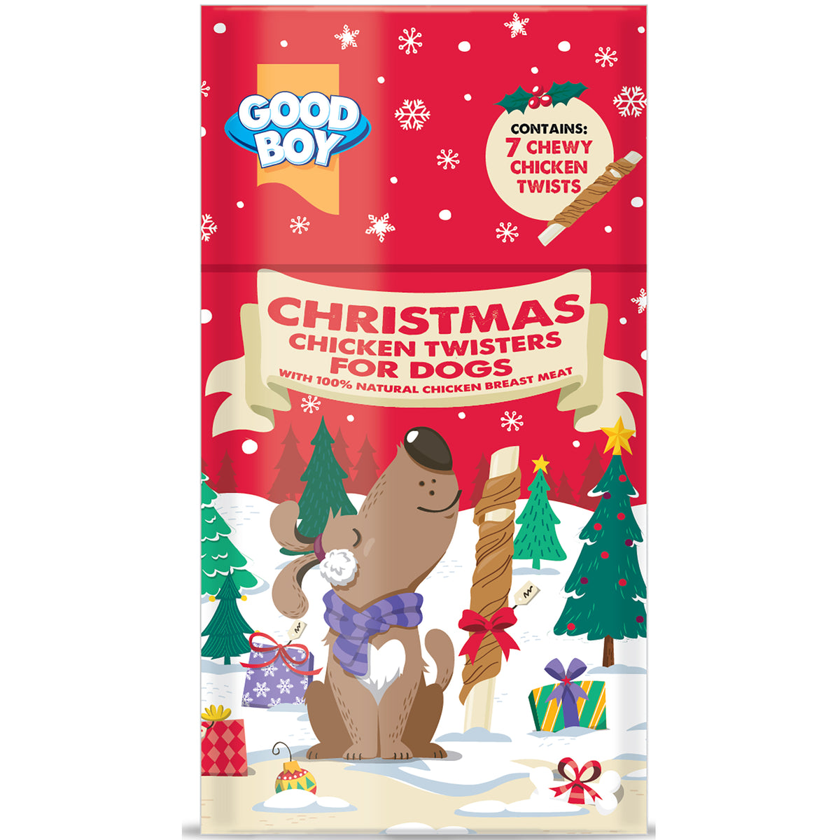 Armitage Christmas Chicken Twisters 75g tube with seven rawhide sticks wrapped in chicken breast