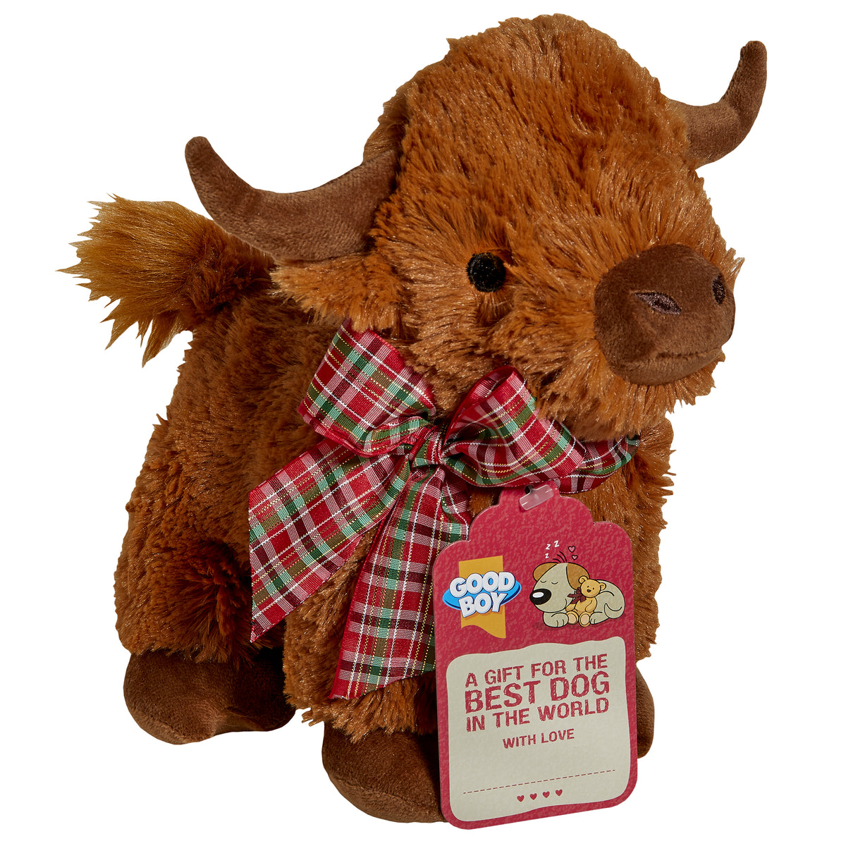 Good Boy Highland Cow Christmas dog toy with a red bow and “for the best dog in the world” gift tag
